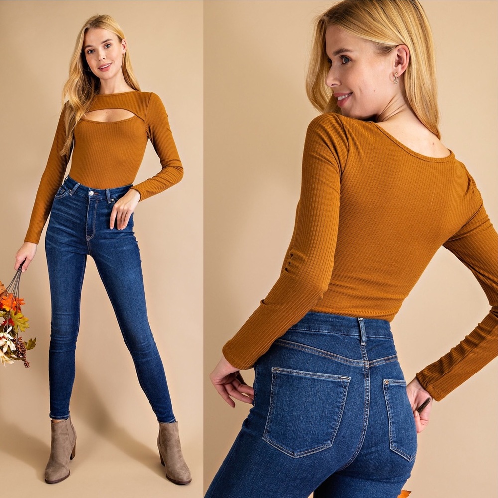 STORE CLOSING SALE! Tan Long Sleeve Peekaboo Bodysuit Small